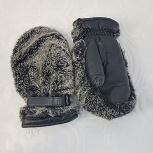 Kombi Mittens Black Leather Faux Fur Trim Size Medium Warm Winter Gloves